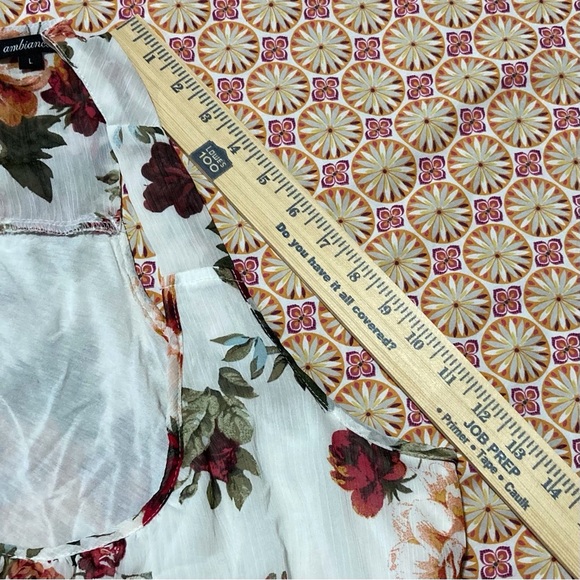 Ambiance Flowy Floral Tank Top with Split Back | White with Pink and Red Roses - Picture 5 of 9